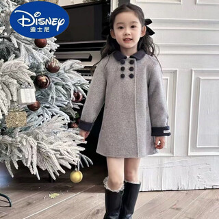 Disney (disney) girls spring and autumn 5 korean version double-sided imitation cashmere new spring and autumn woolen coat medium and large children's coat mid-length gray black collar velvet coat 130 recommended around 125 cm