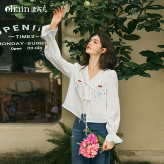 Olrain欧芮儿新款女装秋季法式复古清新刺绣短款衬衫白色衬衣 白色 XL