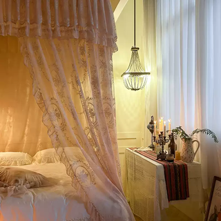 Yusenyihaha yizhai new authentic french wall-mounted u-shaped curtain mosquito net for home heightening 2.6 meters 601 wall/single door lace milk tea + with double rail aluminum alloy drawstring wall bracket 1.5m bed width 150*length 200*height 240260cm