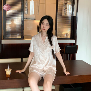 Victoria palace ice silk pajamas fudie butterfly jacquard mercerized satin short sleeve shorts cardigan lapel women's homewear two-piece set champagne s
