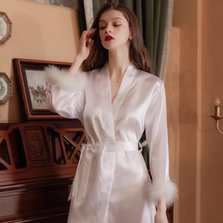 Bridal wedding dress women's pajamas wedding makeup bridesmaid group wedding kimono sister's clothing bathrobe cuff feathers - no wording white l