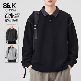 Baleno s&k series henley collar sweatshirt men's 2025 autumn new loose spring and autumn spliced lapel men's long sleeve t-shirt 9605 black l 120-140jin jin is equal to 0.5 kg