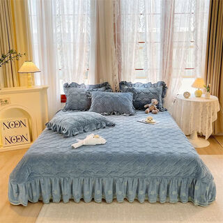 Plush bed cover, milk velvet bed skirt three-piece set, winter quilted bed sheet protective cover, tatami blanket dust cover, bentley blue baby down - thickened and warm bed cover single piece 210cm*245cm