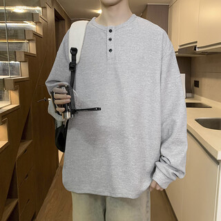 Madisa autumn new henry collar long-sleeved t-shirt men's versatile retro t-shirt casual sports top ee light gray m