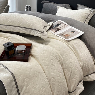 Dohia kasa high-end carved velvet thickened bed four-piece set winter milk baby velvet bedding flannel quilt cover william - white + gray high-gram heavy carved milk velvet double warmth bed sheet style 2.0m bed four-piece set - suitable for 220x240cm