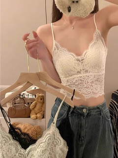 White lace suspender women's summer outerwear v-neck hollow hot girl shoulder strap bra padded bra all-in-one bottoming top milk white one size 80-120jin jin is equal to 0.5 kg