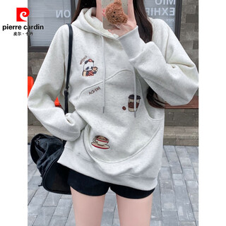 Pierre cardin 2025 new autumn and winter hooded sweater women's jacket plus velvet cute panda embroidery loose lazy design trendy brand light gray panda cartoon s