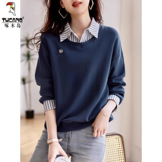 Woodpecker women's 2025 new fashion temperament age-reducing long-sleeved sweatshirt women's autumn new casual slimming fake two-piece sweatshirt navy xl