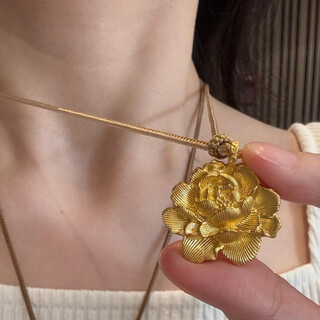 Lanlian 999 pure gold pure silver peony flower pendant gold-plated silver national style new chinese style double-sided peony flower girl versatile necklace large peony flower pendant about 15 grams (gold-plated 1)