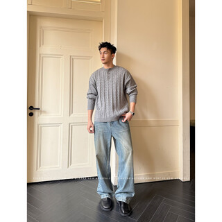 Liis henry collar twisted knitted autumn old money style retro patterned sweater men's casual commuting sweater gray m90-125jin jin equals 0.5 kg one size