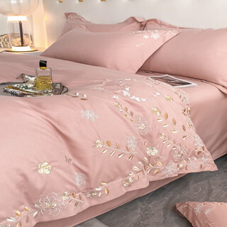 Mercury series 160-count cotton brushed thickened four-piece set pure cotton sheets, fitted sheets, embroidered quilt covers, skin-friendly bedding 4, bean paste powder, 1.8 meter bed sheet, four-piece set, quilt cover 200 230