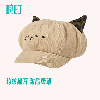 Wanding sweet leopard print cat ears corduroy octagonal hat new year light brown one size