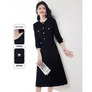 欣妃羽小香风肌理长袖连衣裙女秋冬25新款赫本风气质优雅收腰显瘦