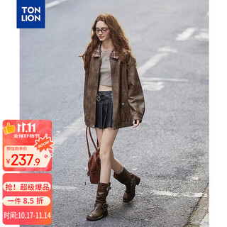 Tonlion 2025 autumn women's lapel plaid splicing small detailed fake leather short jacket on the chest