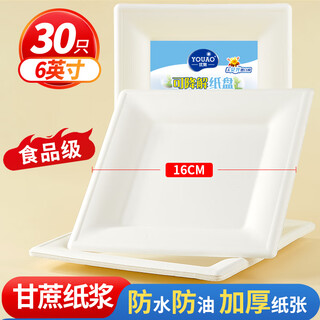 Youao disposable plates square 6 inches * 30 sugarcane pulp biodegradable paper plates barbecue tableware no-wash thickened