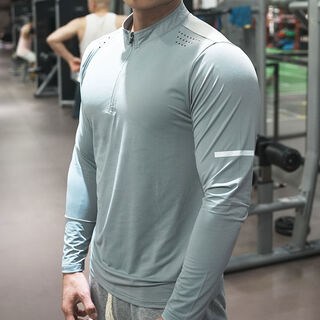 Summer fitness clothing for men, quick-drying, long-sleeved, thin, elastic and slim-fitting, outdoor running training, sports cycling clothing, sun protection, light gray xl xl