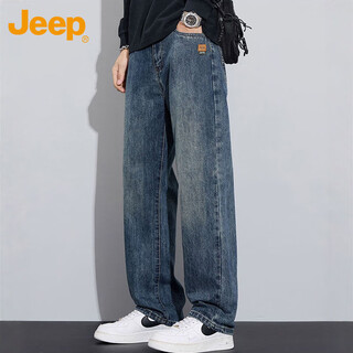 Jeep jeans men's autumn and winter straight casual pants men's loose wide-leg pants stretch nostalgic blue 33