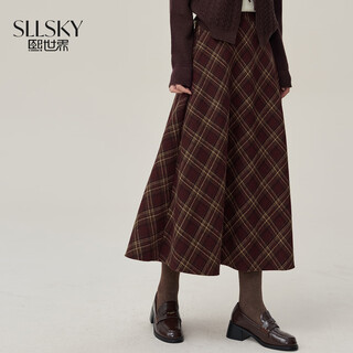 Sllsky american retro plaid woolen skirt 2025 autumn and winter style pear-shaped figure high-waisted a-line umbrella skirt burgundy check m