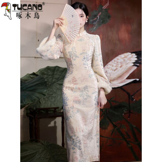 Woodpecker autumn and winter new chinese style retro republic of china style young style beautiful cheongsam improved dress 2025 new high-end slim fit apricot print velvet s