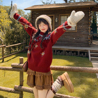 Mori tribe exotic style jacquard tassel design sweater for women 2025 new autumn and winter versatile loose sweater red sweater l