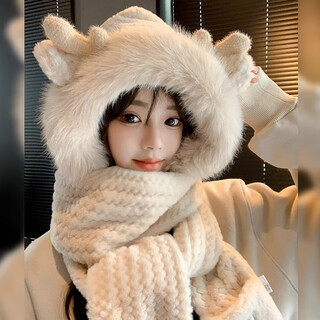 Pull-back antler hat, autumn and winter versatile women's cute plush scarf, gloves, hooded warm neck scarf, one-piece three-piece set, thick off-white