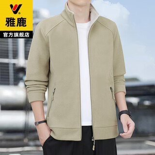 雅鹿秋冬季摇粒绒外套男双面绒夹克中老年爸爸装加厚保暖立领抓绒上衣 935豆绿 常规 XL 推荐120斤-135斤