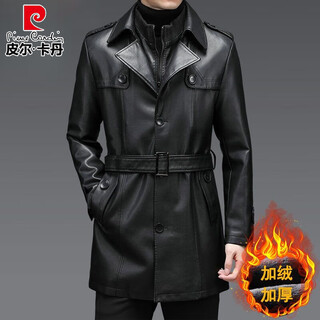 Pierre cardin light luxury winter leather coat men's mid-length velvet thickened leather coat middle-aged dad's leather windbreaker men's outerwear black l 175