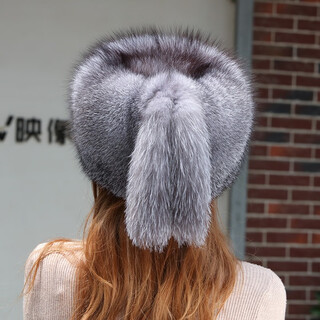 Princess mink fox fur hat women's winter fur mongolian hat ethnic style baotou hat genuine leather warmth ear protection northeastern ski cotton silver blue true color m(56-58cm)