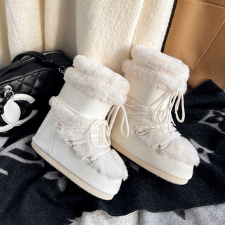 Stella weisz thick-soled fur snow boots for women 2025 winter new moon boots warm anti-slip fashion ski shoes cotton shoes white fur short tube (high-end version) 35