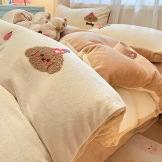 Fantasy winter baby milk velvet bed four-piece set thickened plush bedding, quilt cover, sheet coral flannel three ms ball ball coffee class a high weight milk velvet softer and warmer sheet model 1.5m bed sheet model four-piece set suitable for 200x23