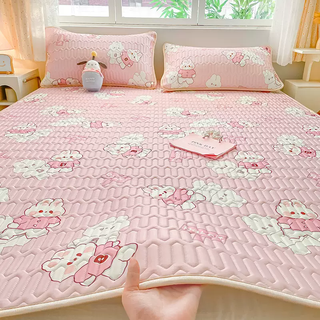 Yusenyi ice silk latex summer mat summer silicone fitted sheets three-piece set washable sheets category a maternal and infant grade flat lay pink bunny q-elastic soft waxy mugwort repellent mosquitoes cool but not ice 1.5m 5ft bed