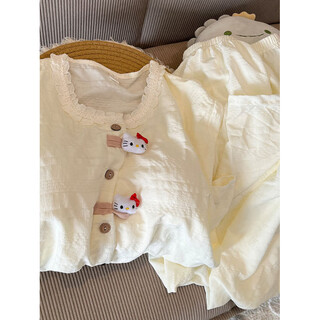 红豆（Hodo）带胸垫杏KT猫睡衣女款春秋夏季云朵棉长袖长裤套装可爱外穿家居服 带胸垫JEM5613杏kt猫-短袖短裤 M