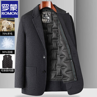 Romon woolen wool suit men's autumn and winter double-sided woolen short coat men's removable down liner jacket suit men's dark gray removable liner thick section xl 180