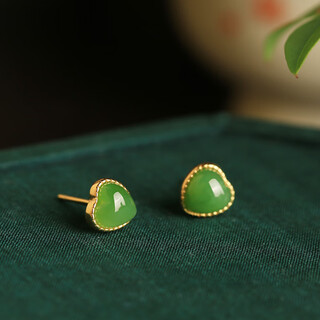 Little silversmith hetian jade jasper s925 silver love heart earrings for women new chinese style retro green jade earrings earrings gift