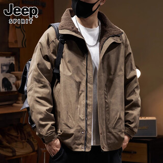 Jeep spirit jeep high-end maillard cotton thickened warm velvet work jacket men's retro american 2025 winter jacket brown thick cotton color xl suitable for weight 145-160jin jin equals 0.5 kg