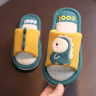 Fat donglai's same four-season children's cotton slippers for men and women for baby's home non-slip soft bottom cartoon dog linen slippers 9819 goose yellow (children's style) dinosaur upper yellow 19 inner length 19cm (sole mark 190)