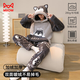Miiow pajamas men's winter coral fleece thickened flannel cute shiba inu hooded pullover home clothes gray xl