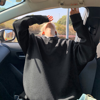 Fat brother textured henry collar t-shirt men's autumn cleanfit sweatshirt large size loose bottoming shirt black m 90-105jin jin equals 0.5 kg