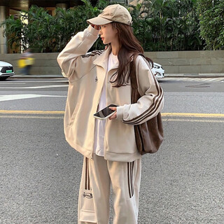 Lu geli korean style loose and slim american sweatshirt sports suit for women spring and autumn student running fashion casual two-piece set trendy apricot sports suit xl recommended 115-130 jin jin equals 0.5 kg