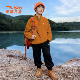 Anta (anta) children's sports suit boys 2025 autumn and winter new style handsome velvet warm jacket trousers for middle and large children -5 magma orange + basic black polar fleece sweatshirt + velvet pants 150 cm