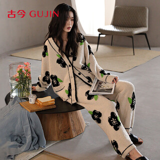 Gujin warm half-velvet long-sleeved sweater pajamas for women autumn and winter home wear can be worn outside thickened warm pajama pants set