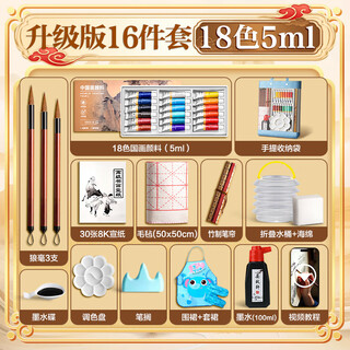 Deli chinese painting pigments beginners handbag set ink painting tools for art students beginners elementary school students special chinese painting paints meticulous painting materials brush painting complete set free nylon net portable storage bag 18 colors 5ml-16 piece set