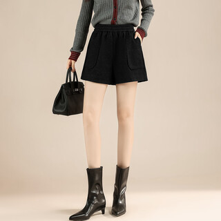Terre bleue high waisted woolen shorts retro style 2025 autumn and winter new women's elastic waist suit shorts black m