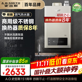 A.o.smith 13-liter stainless steel gas water heater, national subsidy, stainless steel heat exchanger package for 8 years, negative pressure combustion is safer, precise control of constant temperature, natural gas jsq26-tm5