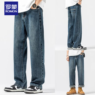 罗蒙（ROMON）2025年男士牛仔裤秋冬高街直筒裤阔腿青少年休闲垂感加绒裤子男士 牛仔蓝 32