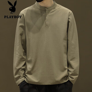 Playboy (playboy) henry collar long-sleeved t-shirt for men in spring and autumn solid color retro simple bottoming shirt loose trendy brand versatile stand-up collar sweatshirt khaki 56119 long sleeve 4xl (about 170-190jin jin is equal to 0.5 kg can be worn)