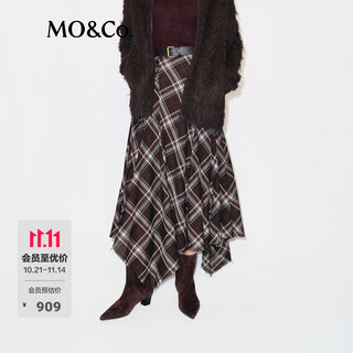 Mo&co. skirt 2025 winter new arrival gray brown plaid irregular skirt unbalanced light rock style mbe4sktt07 gray brown plaid l