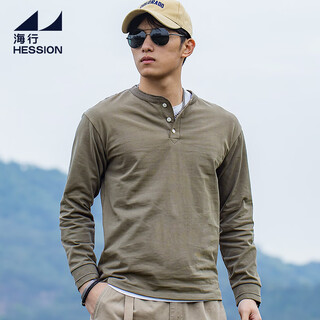 Haixing outdoor 300g heavyweight men's pure cotton long-sleeved henley shirt 2025 autumn new casual inner layering shirt t-shirt taupe gray green m