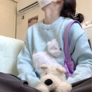 Sidi shu blue round neck flocked puppy sweater for women 2025 new autumn and winter preppy style sweet age-reducing sweater top blue m recommended 97-110jin jin equals 0.5 kg