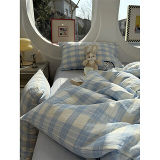 In epochins style girly heart blue plaid wrinkled double-layer yarn pure cotton four-piece 1.5m1.8m cotton bed sheet quilt cover yag-wrinkled yarn milu-baby blue bed sheet style piece_1.2m bed three-piece set_applicable 150x200c